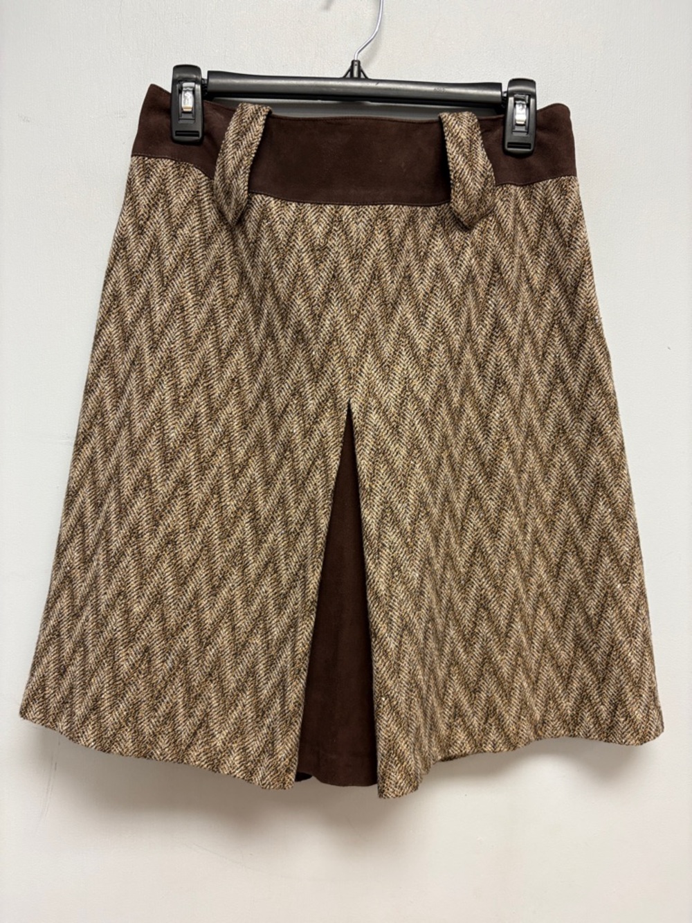 ETCETERA Brown Herringbone Wool Blend Skirt | Leather Trim | Size 6